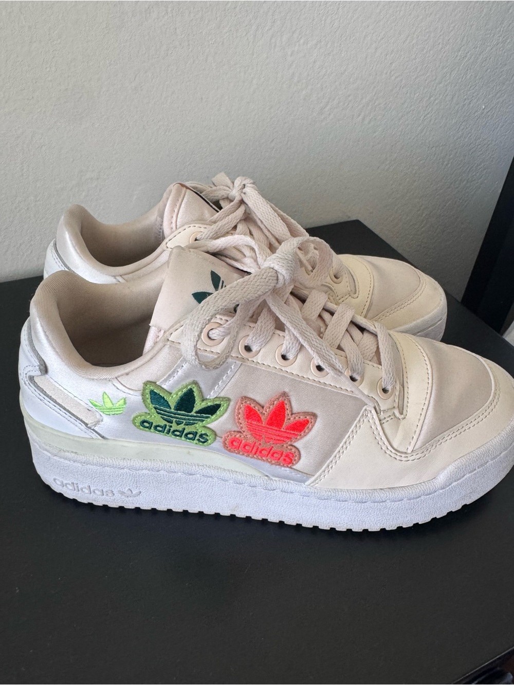 adidas Cream Sneakers with Green & Coral Logo Patches